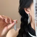Macro detail of silver tassel earrings with blue and pink gems and teardrop stones - 15# 925 Sterling Silver Earring Post - Silver/Blue/Pink