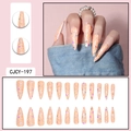 Detailed view of long stiletto press-on nails with pink-orange glitter and iridescent sequins - Pink Orange Glitter Sequins (CJCY-197)