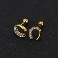 Macro detail of U-shaped gold earrings with paved zircons and screw ball backings - U Shape - Gold