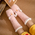 Cosy pink coral fleece leg warmers with 3D ears on wooden floor for home comfort - One Size / Pink Rabbit