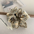 Khaki tartan check scrunchie with cream bow ribbon for women's high elastic hair ties - Khaki Plaid Triple Bows