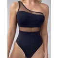 Bañador negro de un hombro con paneles de malla y diseño sexy de espalda abierta - S / Negro