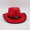 Red western cowboy hat featuring vintage leopard head buckle and black stitched brim - One Size / Red Black Trim (Leopard Buckle)