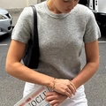 Women's casual grey short sleeve knit sweater paired with a minimalist black shoulder bag - L / Dark Gray