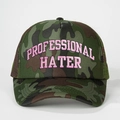 Camo trucker hat with pink Professional Hater embroidery and brown breathable mesh back - Camouflage