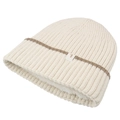 Winter gebreide muts met fleecevoering in crèmewit met bruine streep en een patch - Fleece Gevoerde Dikke Stijl / Beige