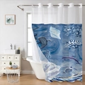 Detailed view of marine shower curtain with blue ocean animals and waterproof texture - SYL-2 Light Blue Marine Pattern (Single Curtain) / 181x188cm