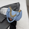 Light blue crescent shoulder bag with chunky gold chain and woven strap detail - Blue
