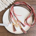 Detail of vintage bohemian beaded necklace with heart pendants and leather tassels - Pink Multi-Color