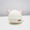 Cozy white plush baby knit hat with cute pink animal ears and warm ear protection design - Patchwork Bear [Cream White]