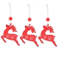 Three red wooden reindeer ornaments with white snowflake patterns and hanging cords - Red Reindeer * 3