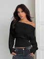 Off-shoulder black knit sweater with wide ribbed high waist for a slim fit look - S / Black
