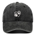 Dark grey washed cotton baseball cap with embroidered heart and pet paw prints - Adjustable / Black