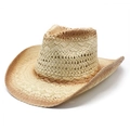 Detail of hollow woven straw cowboy hat with brown gradient edges and sun protection - M (56-58cm) / Beige + Khaki