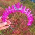 Detail of pink crystal wicca crown with metal crescent moon decoration held by hand - Rose Red + White K Moon