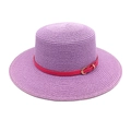 Detail of light purple straw sun hat with fuchsia leather band and gold buckle - M(56-58cm) / Taro Purple