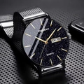 Men's starry quartz watch with silver mesh band and black case, featuring day-date display - 070 Black Mesh Strap Starry Sky Dial