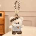 Cute teddy bear plush keychain with cream fur, brown checkered hat, and stylish grey t-shirt - Old Money Brown Plaid Beret / 15cm Pendant