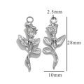 Silver vintage rose pendant in stainless steel with 28x10mm dimensions and 2.5mm hole - Long Stem Rose Style 5 / Silver