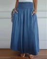 Détail de la taille haute élastique froncée sur un pantalon large bleu pour femme - S / Bas / Bleu