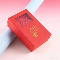 Red rose soap flower gift box with gold LOVE lettering and transparent window lid - Heart-shaped Red Design; Box + Card (tote Bag Not Included)