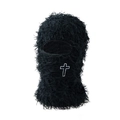 Schwarze Plüsch-Sturmhaube mit weißer Kreuzstickerei für Winterwärme und Gothic-Stil - Kreuz Stickerei / Schwarze Mütze mit Kreuz