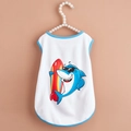 White mesh summer pet vest featuring a cartoon shark surfing print and blue trim finish - White Shark