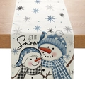 Winter snowman table runner with Let It Snow print and blue snowflakes on wood texture - White Blue Snowman Snowflake (ZQ28-6)