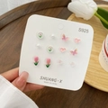 Floral S925 silver stud earring set with tulip butterfly and pink heart charms - ART1 Pink Set