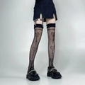 Detail of gothic fishnet stockings with heart patterns and studded leather garters - Over-the-Knee Socks / Punk Gothic / Black Heart (Over the Knee)