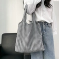 Minimalist black and white plaid canvas tote bag for women showing large capacity - Black Plaid