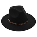 Detail of black wool felt fedora featuring a leopard print band and gold buckle accent - Black