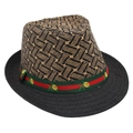 Dettaglio cappello fedora intrecciato con nastro a righe rosso-verdi e ricamo floreale - Taglia unica / Nero
