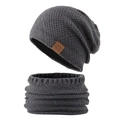 Men's winter knit beanie and neck warmer set in dark grey with honeycomb pattern - Gray