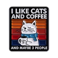 White cat enamel pin with blue scarf holding coffee cup on striped retro background - Cartoon Cat Holding Coffee Style (QHXZ5036)