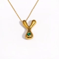 18k gold plated stainless steel necklace featuring a chunky Y letter pendant with green heart stone - Letter Y