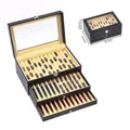 Black leather 3-tier jewelry and pen storage box with transparent window lid - 36-Slot Pen Box (Black/Beige)
