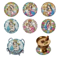 DIY diamond painting coasters set of 6 with religious Virgin Mary motifs and metal holder - Religious Art Style