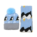 Conjunto de gorro y bufanda de punto azul claro con diseño de pingüinos y pompón - Azul Claro Estilo Pingüino