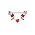 Macro detail of red enamel flowers and heart-shaped gemstone on stainless steel nipple ring - Red Rose Heart Gemstone