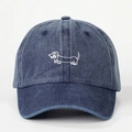 Adjustable washed navy denim baseball cap featuring white dachshund dog embroidery - One Size / Navy Blue
