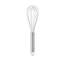 Stainless steel manual whisk with cylindrical handle and hanging loop on white background - 10"