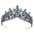 Vintage metal bridal crown featuring emerald and charcoal crystal gemstones - Retro Black and Green