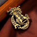 Vintage golden dragon boat brooch with 'Smooth Sailing' Chinese character engraving - Antique Gold Dragon Boat