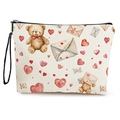 Portable cream teddy bear and heart print makeup bag with black zipper and wristlet strap - Teddy Bear with Red Hearts (Style 4)
