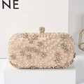 Elegant champagne evening clutch bag with handmade pearls and floral rhinestone patterns - Apricot