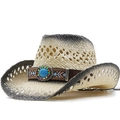 Cappello da cowboy in paglia intrecciato a mano con tesa sfumata e decorazione turchese - Regolabile / 02 Beige Nero