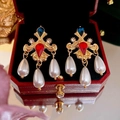 Vintage gold earrings with red blue rhinestones and pearl drops in a jewelry box - 27 Silver Pin-Gold
