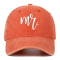 Detail of Mr. white embroidery on vintage washed cotton baseball cap in brick red - Orange Mr.