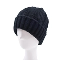 Close-up of black cable knit beanie texture with thick folded cuff for winter warmth - With Real Raccoon Fur Pom-pom / Black